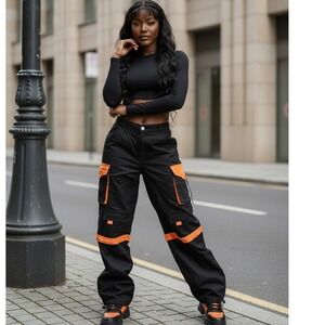 American Bazi M Utility Cargo Wide Leg Pants Womens Black Orange Medium NWT